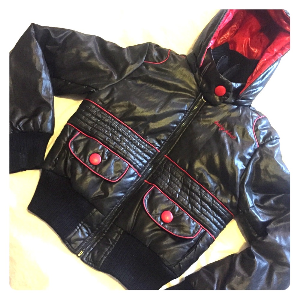 Baby Phat S Blk+Red Puffy Puffer Coat w/ rem hood